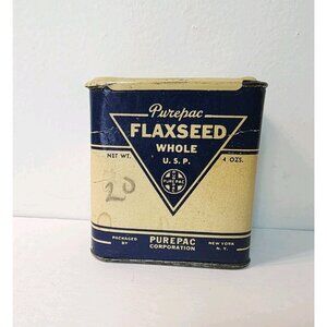 Antique Purepac Flaxseed Tea Whole U.S.P Blue Cream Tin Decor USA 4oz